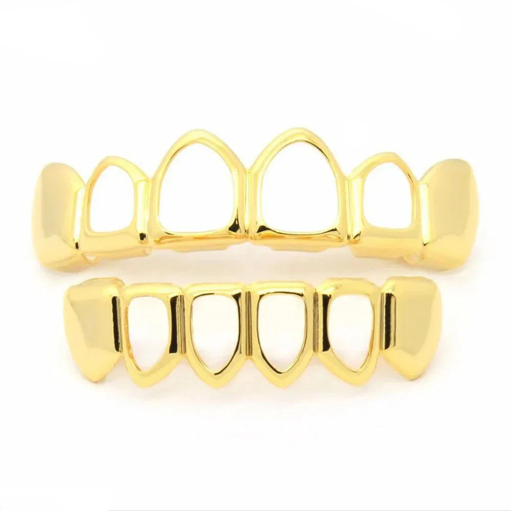 sengpan 14K Gold Plated Teeth Grillz Hip Hop Hollow Fangs Tooth Caps Decor Punk Dental Grills For Women Men Jewelry