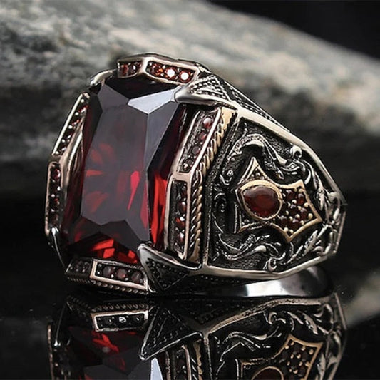 sengpan Vintage Handmade Turkish Signet Ring For Men Women Ancient Silver Color Carved Ring Red Yellow Zircon Inlay Punk Motor Biker