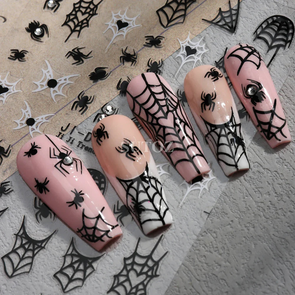 sengpan Spider Nail Art Stickers Halloween Design Ghost Skull Spider Webs Pumpkin Nail Decors Y2K Diamond Charms Manicure Decals GLJI-DZ