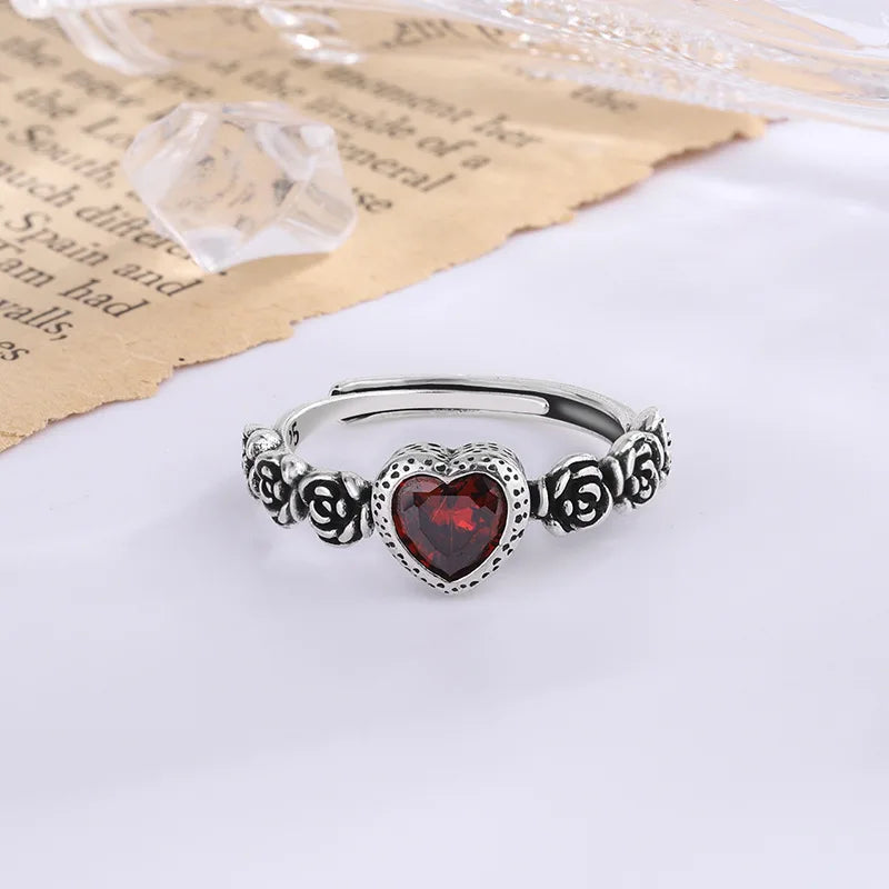 sengpan  Silver Rings For Women Men Red Heart Simple Trendy Retro Adjustable Anillos Party Gifts Fine Accessories