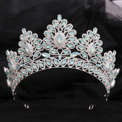 sengpan Luxury Green Opal Crystal Flower Water Drop Tiara Crown Women Wedding Party Elegant Bridal Bride Crown Hair Accessories