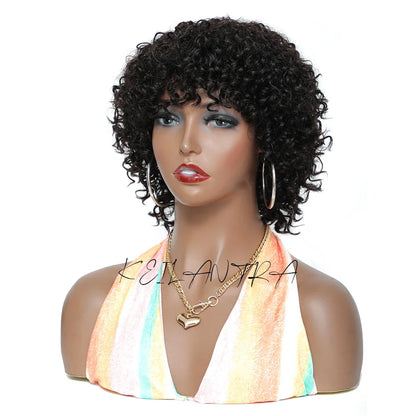 sengpan Short Curly Human Hair Wig With Bangs Wear and Go None Lace Front Human Hair Wigs for Black Women 180% Density Kinky Curly Wigs