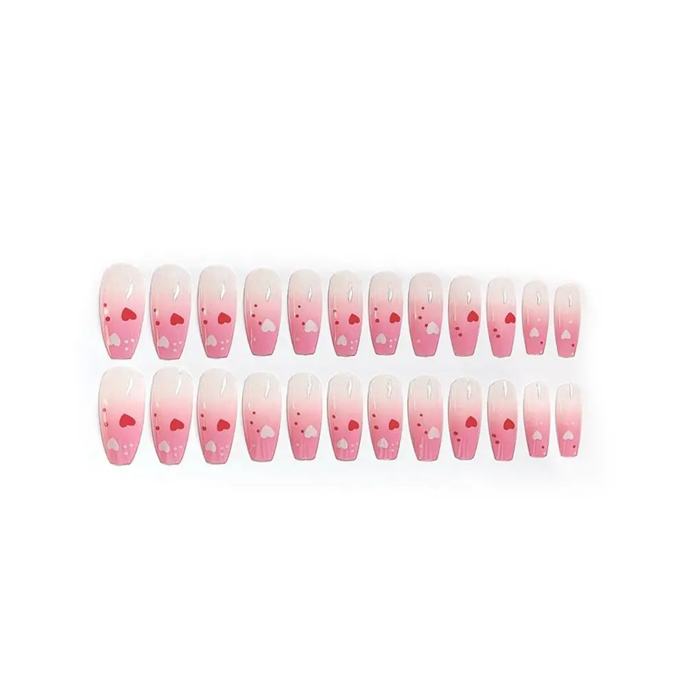 sengpan Press On Nails Middle Length Ballerina Pink Color False Nails Design With Heart Pattern DIY Artificial Fake Nail Nail Tips