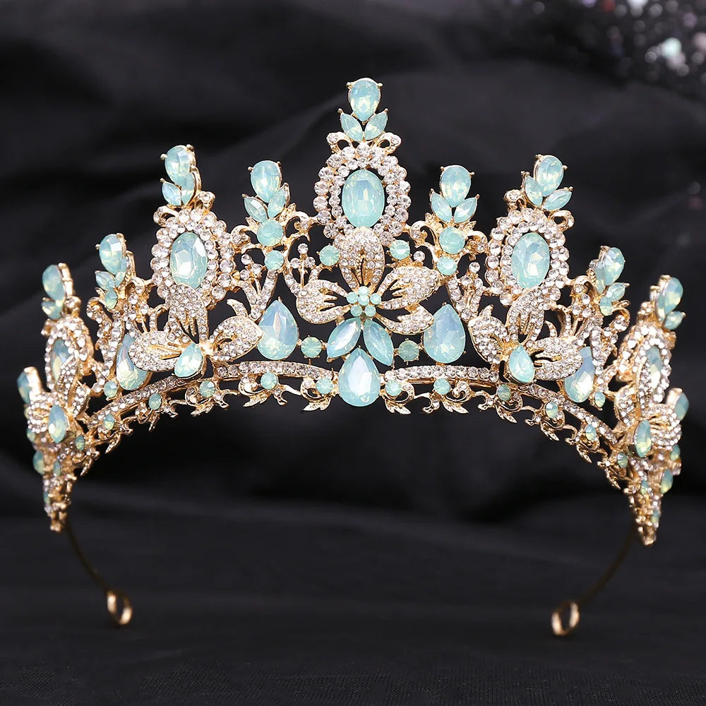 sengpan Luxury Green Opal Crystal Flower Water Drop Tiara Crown Women Wedding Party Elegant Bridal Bride Crown Hair Accessories