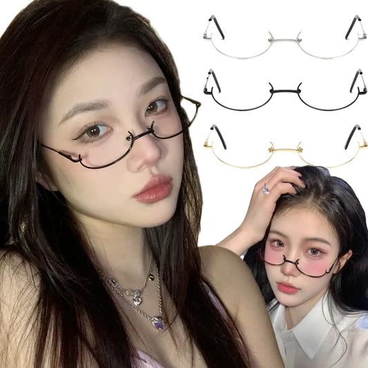 sengpan Vintage Glasses Metal Frame Half Frame Without Lens Girls Chic Cosplay Party Decoration Glasses Y2K Metal Photography Glasses