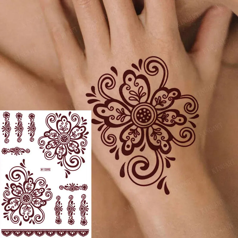 sengpan Brown Henna Stickers for Hand Flower Temporary Henna Tattoos for Women Fake Tatoo Waterproof Mehndi Designs Wedding Tattoo Hena