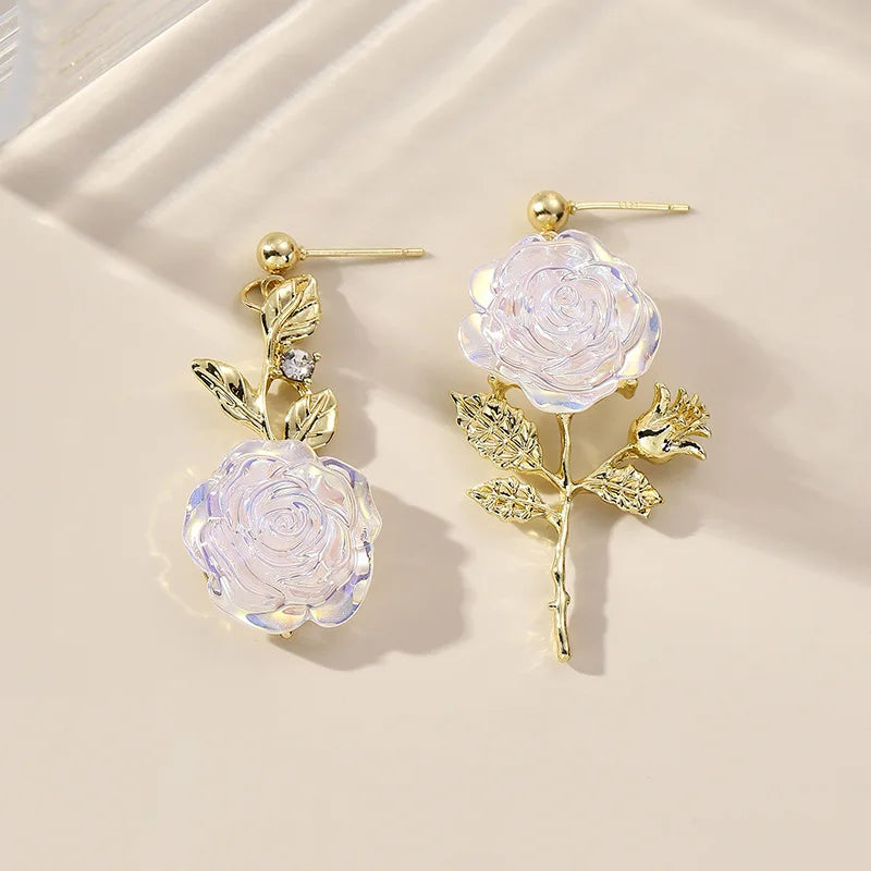 sengpan New French Vintage Crystal Romantic Rose Asymmetrical Stud Earrings Exaggerated Elegant Earrings Women Wedding Party Accessories