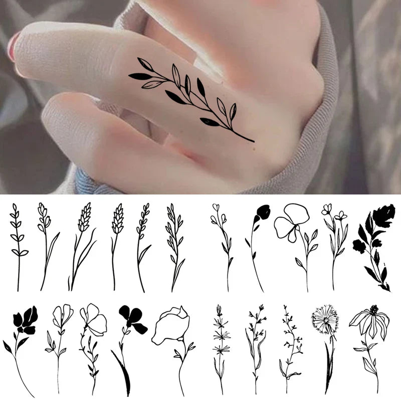 sengpan Waterproof Temporary Tattoo Stickers Black Flower Plant Small Size Tatto Flash Tatoo Fake Tattoos for Men Women Body Art