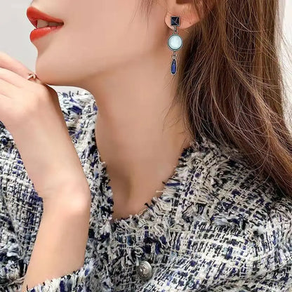 sengpan  Korean Light Luxury Blue Retro Crystal Eardrop Exquisite Simple Silver Color Earrings For Woman  Jewelry Accessories