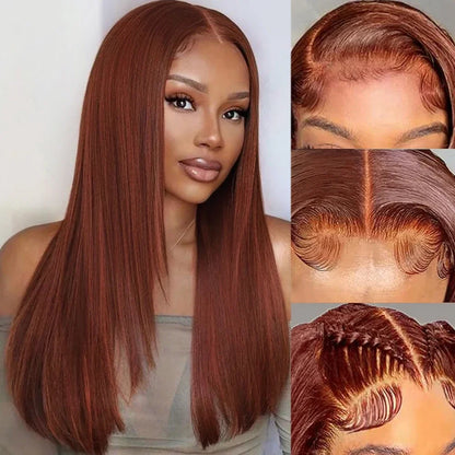 sengpan Reddish Brown Straight Lace Front Wigs Layered Cut Wig Glueless Layered Lace Wigs Synthetic Butterfly Haircut Natural Hairline