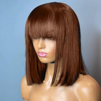 sengpan Straight Human Hair Bob Wigs with Bangs Remy Full Machine Made for Women Hightlight Burgundy Brown Colored BOB Wig