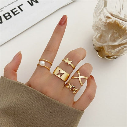 sengpan Bohemian Gold Color Butterfly Rings Set For Women Fashion Shiny Crystal Geometric Flower Knuckle Finger Ring Jewelry Adjustable