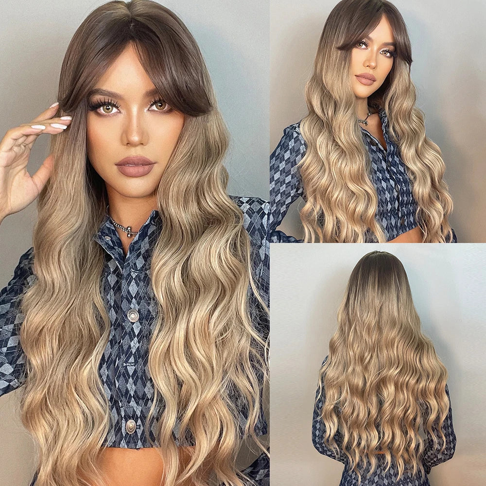 sengpan  Brown Highlight Long Wave Wigs for Women Synthetic Wig with Bangs Ombre Mixed Color Natural Looking Hair for Daily