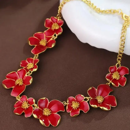 Lianfudai New Retro Flower Red and White Earrings Necklace Set