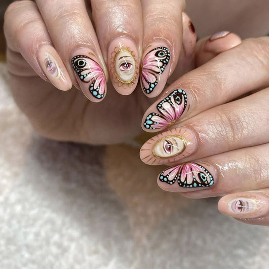 Lianfudai current nail trends 2023   24Pcs Oval Head False Nails Short Almond Fake Nails with Butterfly Design Wearable Finished Nail Tips Full Cover Press on Nails