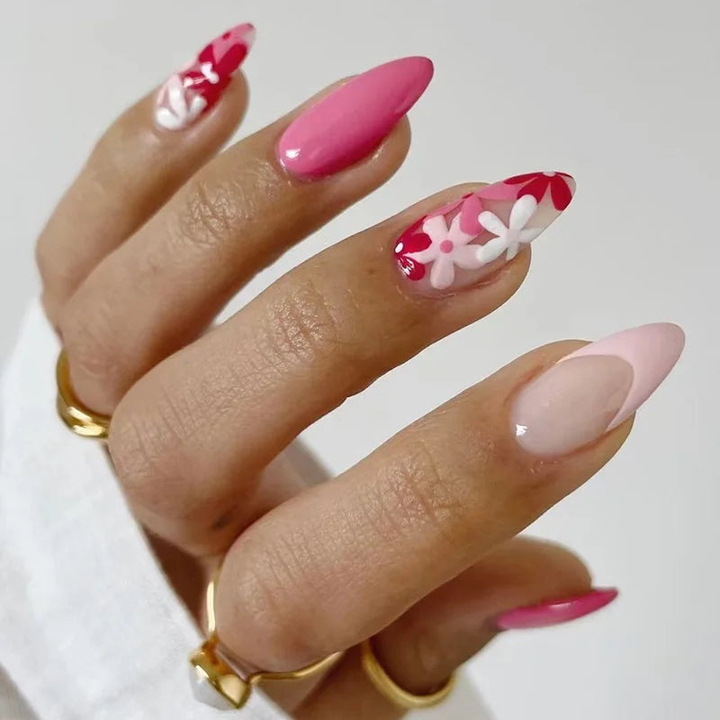 Lianfudai 24Pcs Almond Fake Nails Gradient Pink Flower Designs Full Cover False Nails for Women Spring Summer Press on Nails Tips 2024