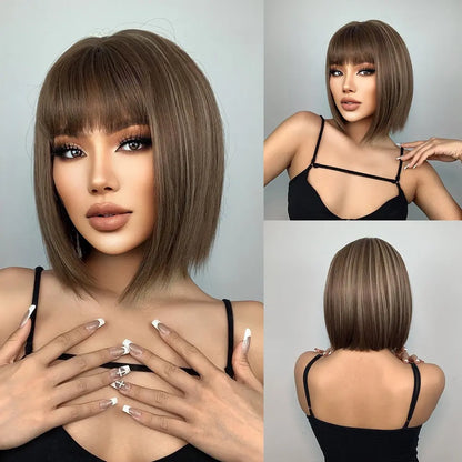 sengpan Short Straight White Platinum Wigs for Women Short Bob Synthetic Wig With Bangs Shoulder Length Heat Resistant Cosplay Wig