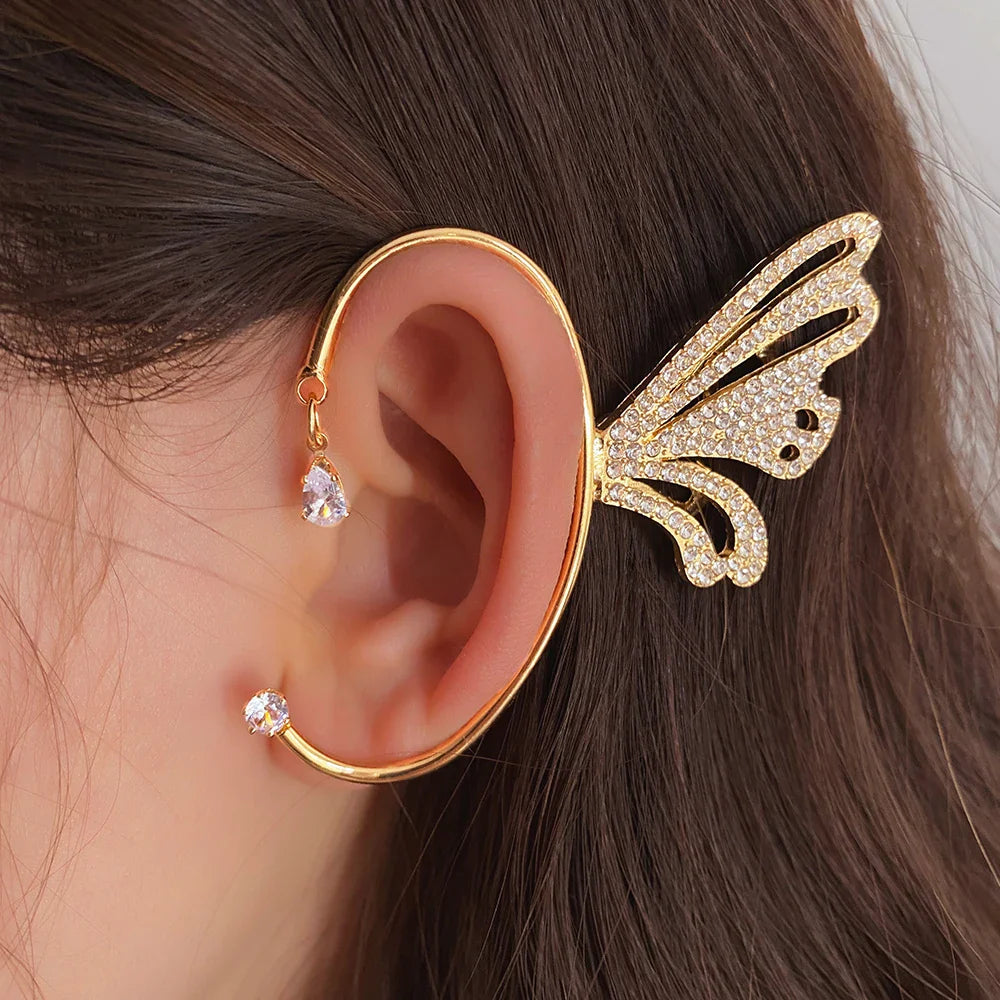 sengpan Zircon Butterfly Ear Cuffs Earrings Golde Color Plated Metal Piercing Cartilage Clips Earrings for Women Wedding Jewelry