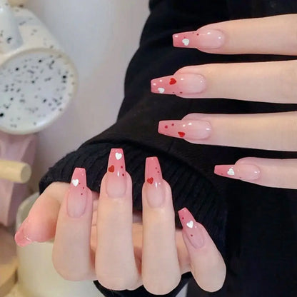 sengpan Press On Nails Middle Length Ballerina Pink Color False Nails Design With Heart Pattern DIY Artificial Fake Nail Nail Tips