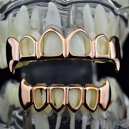 sengpan 14K Gold Plated Teeth Grillz Hip Hop Hollow Fangs Tooth Caps Decor Punk Dental Grills For Women Men Jewelry