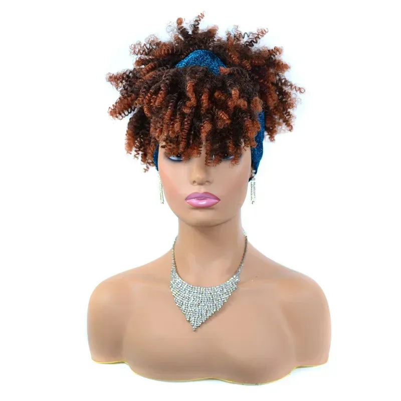 sengpan Short Kinky Curly Headband Wigs  Afro Puff Curly Headband Wig For Women Natural Synthetic Turban Wrap Wig  Cosplay Daily Use