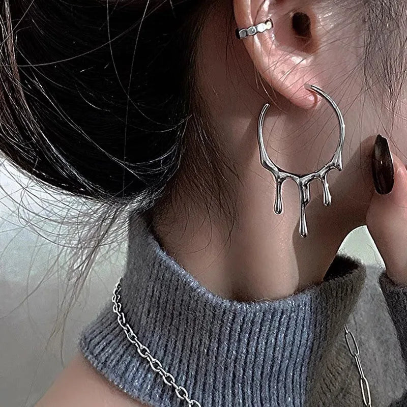 sengpan Punk Gothic Silver Color Lava Drop Shape Irregular Big Hoop Earrings for Women Fashion Korean Liquid Metal Jewelry