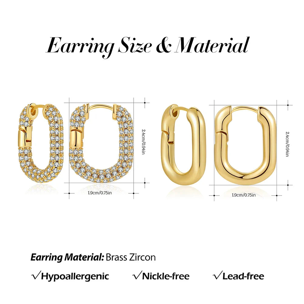 sengpan Luxury Cubic Zirconia U Shape Geometric Hoop Earrings for Women Gold Plated Circle Square Ear Buckle Huggie Hoops Jewelry