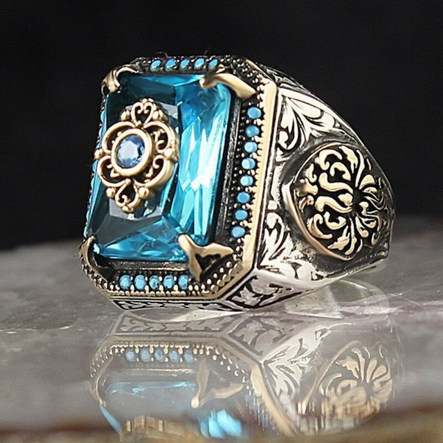 sengpan Retro Handmade Turkish Signet Rings for Men Ancient Silver Color Carved Ring Mystic Zircon Inlay New Punk Motor Biker Ring