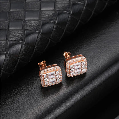 sengpan Hip Micro 1Pair Heart Shape Pave Baguette Cubic Zircon Stone Ice out Stud CZ Earring Bling Copper Earrings For Women Men Jewelry