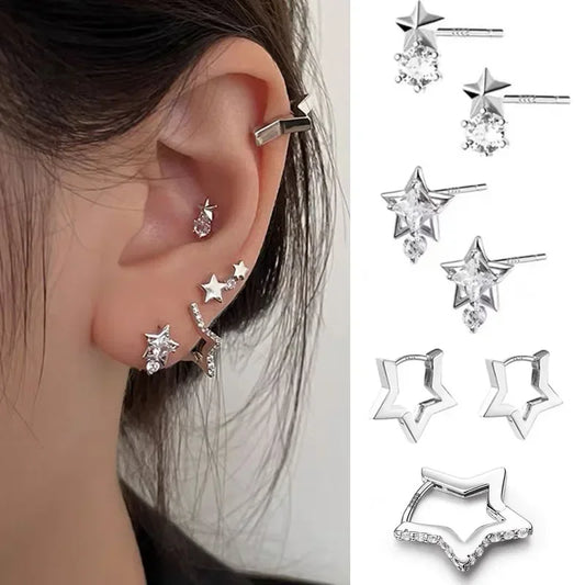 sengpan Y2K Pentagram Star Stud Earring for Women Shinning Punk Gothic Silver Color Helix Piercing Ear Bone Nail Jewelry Accessories