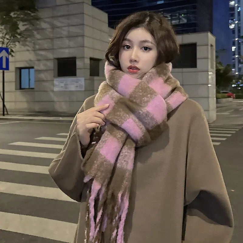 sengpan Retro Imitation Cashmere Scarf Winter Women Fashion Green Mohair Striped Scarves Korean Classic Thicken Warm Soft Shawl