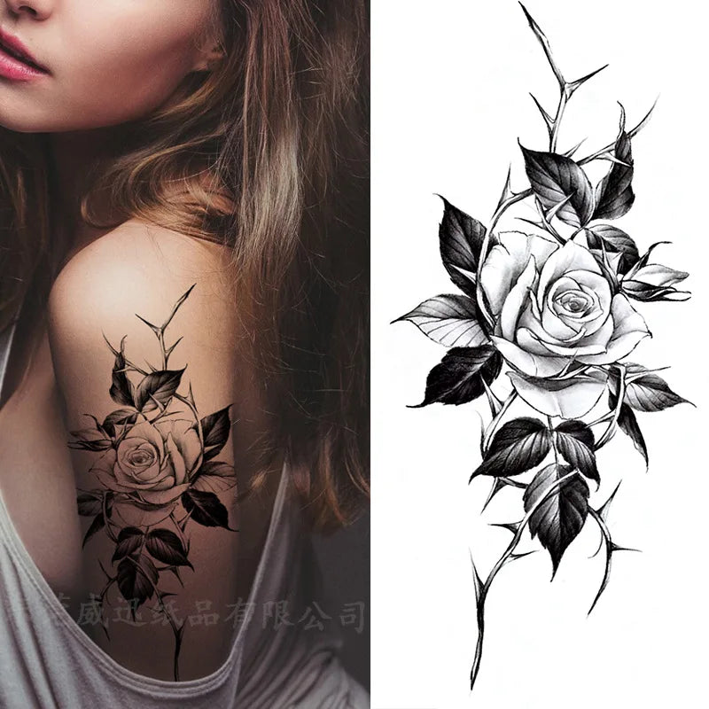 sengpan Waterproof Temporary Tattoo Stickers for Women Black Sexy Rose Butterfly Flowers Body Art Tattoo Arm Legs Sleeve Fake Tattoos