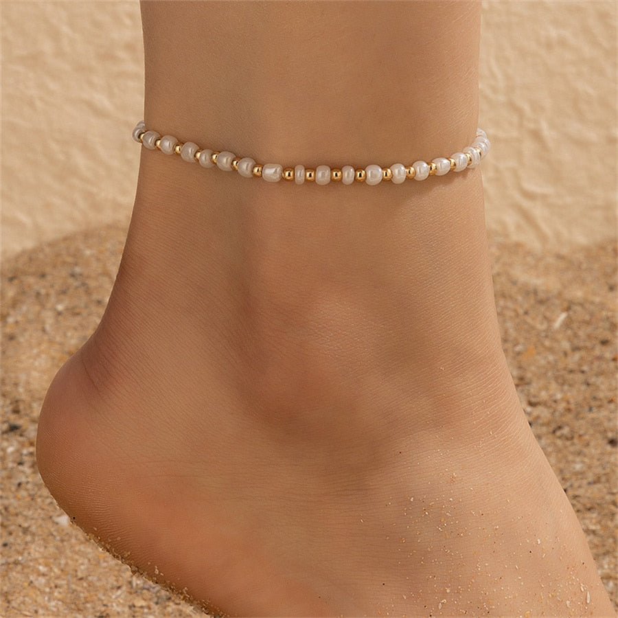 sengpan Simple Heart Boho Anklet Bracelets For Women Summer Holiday Beach Chain Bead Ankle Bracelet On Leg Foot Wedding Party Jewelry