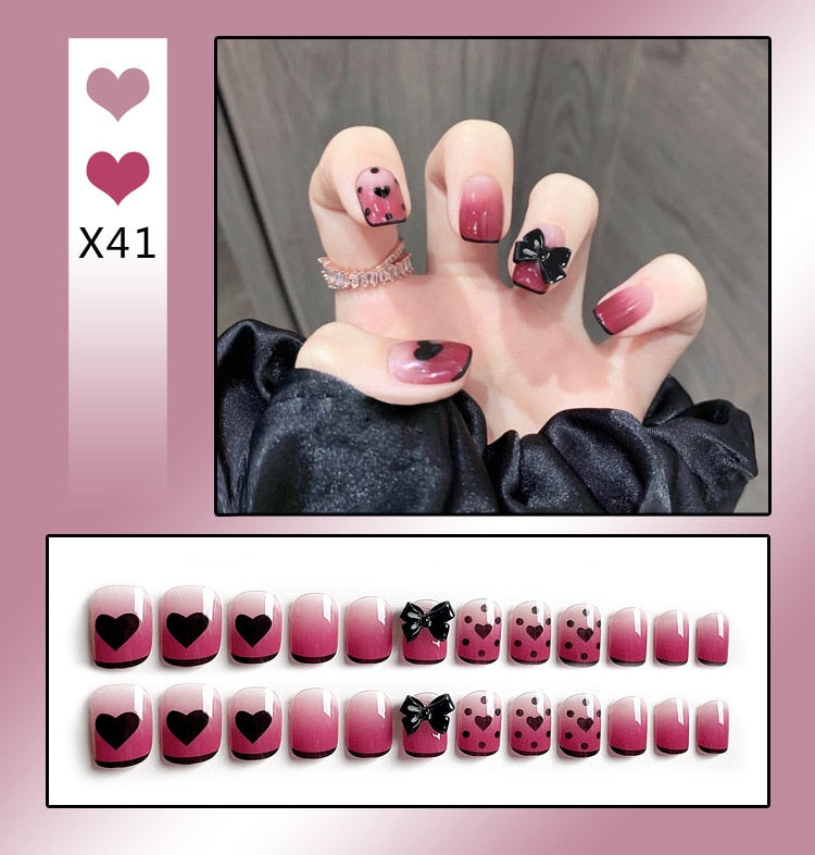 sengpan 24PCS/Box Bowknot Rabbit Pattern Pearl Short Square Designer Fashion Design French Style Full Covering Pressed Fake Nails