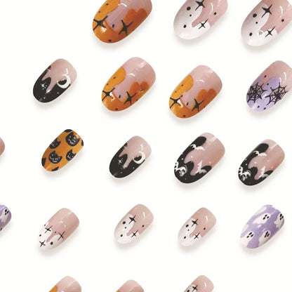 sengpan 24pcs Cartoon Spider Bat Fake Nails Short Rounds False Nails for Women Girl Wearable Halloween DIY Manicure Press on Nail Tips