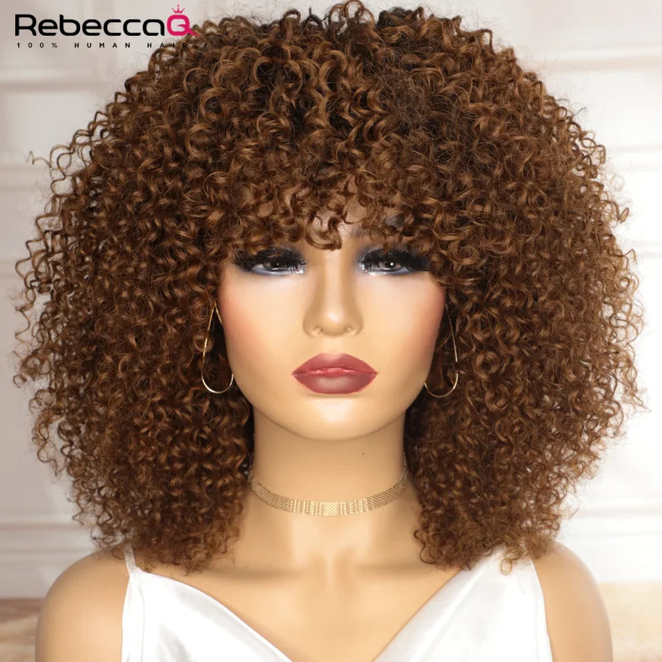 sengpan Big Curly Wig With Bangs Short Human Hair Afro Kinky Curly Wig Brown Color Glueless Full Machine Made Wig 250 Density Brazilian