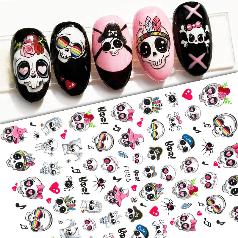 sengpan 3D Halloween Nail Stickers Clown Skull Bone Pumpkin Cartoon Spider Bat Nail Decals Self-Adhesive Nail Art Stickers Nails Decor