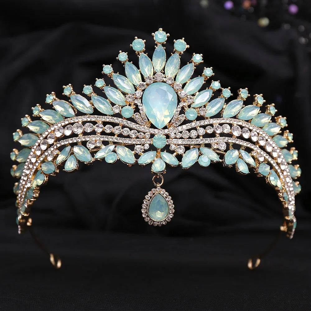 sengpan Luxury Green Opal Crystal Flower Water Drop Tiara Crown Women Wedding Party Elegant Bridal Bride Crown Hair Accessories