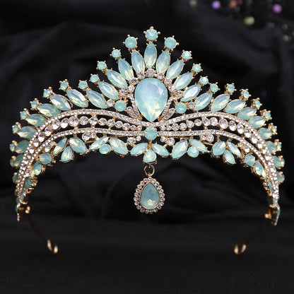 sengpan Luxury Green Opal Crystal Flower Water Drop Tiara Crown Women Wedding Party Elegant Bridal Bride Crown Hair Accessories