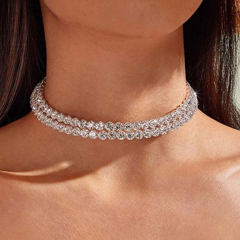 sengpan New Double-layer Rhinestone Choker Necklace Round Flower Crystal Ins Trendy Neck Jewelry Statement Bridal Wedding Collar