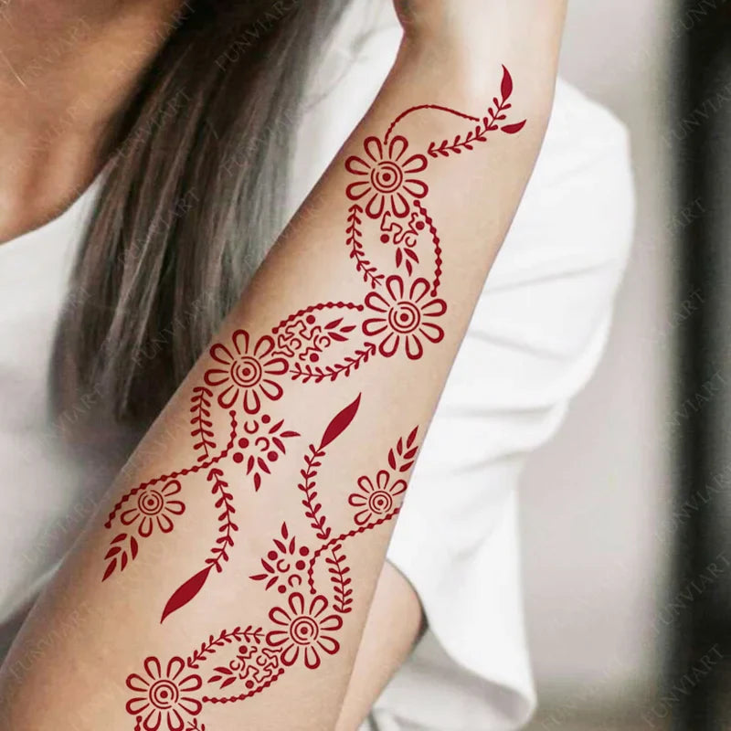 sengpan Maroon Henna Stickers for Hands Waterproof Temporary Henna Tattoos for Women Fake Tattoo Brown Henna Decorations Wedding