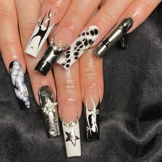 sengpan Punk Cool Fake Nails Y2k Sliver Star Crystal Crocodile Pattern Press on Nails Long Coffin Heavy Metal French False Nails