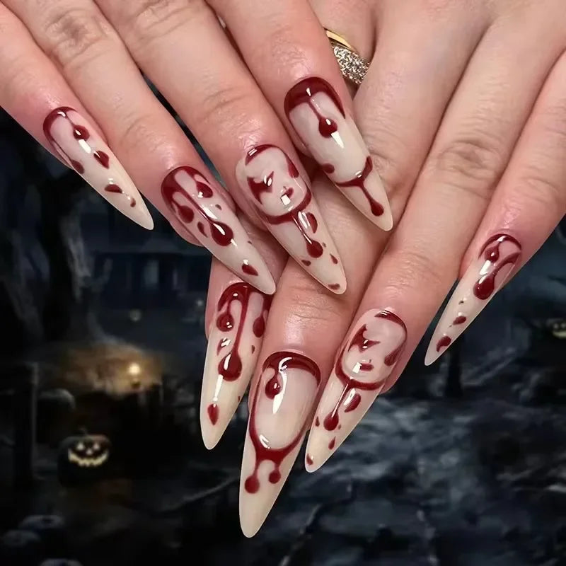 sengpan 24Pcs/set Halloween Ghost Press-on Nails Cobweb Pattern Teardrop Full Cover Nail Tips for Women & Girls Party False Nail Art