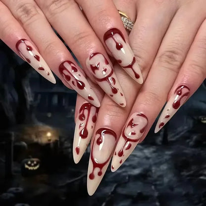 sengpan 24Pcs/set Halloween Ghost Press-on Nails Cobweb Pattern Teardrop Full Cover Nail Tips for Women & Girls Party False Nail Art