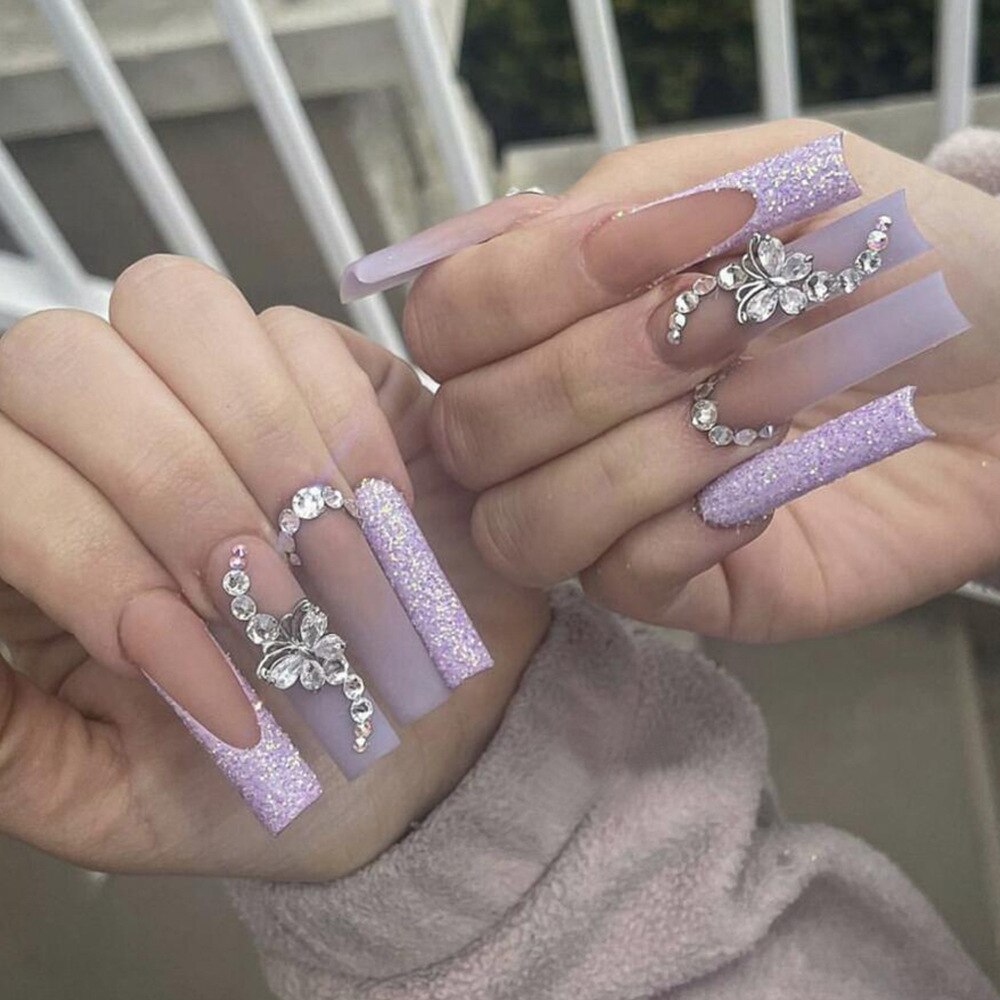 Lianfudai current nail trends 2023  24Pcs False Nails with Glue Long Ballet Fake Nails French Butterfly Flower Rhinestone Design Press on Nails Wearable Nail Tips