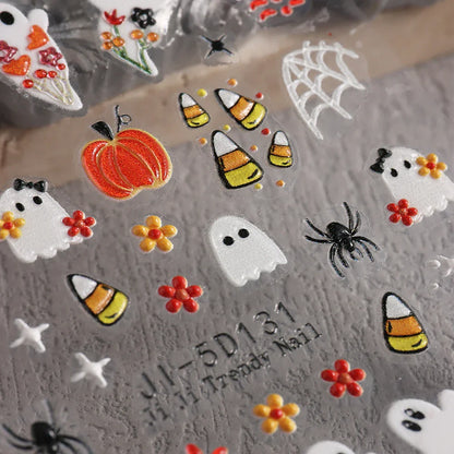 sengpan 5D Embossed Ghost Nail Art Stickers Halloween Cartoon Pumpkin Skull Nail Decals Spider Web Daisy Sliders For Manicure NTJI-5D131