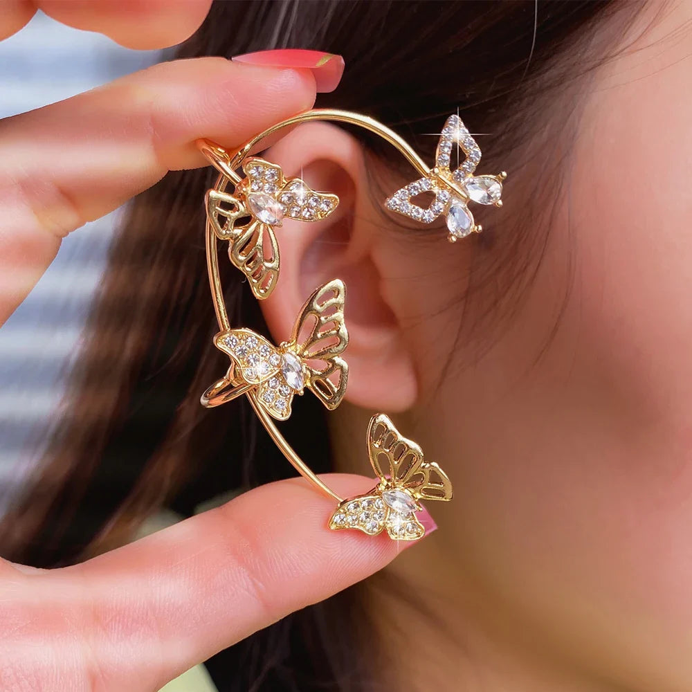 sengpan Zircon Butterfly Ear Cuffs Earrings Golde Color Plated Metal Piercing Cartilage Clips Earrings for Women Wedding Jewelry