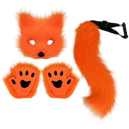 sengpan Fluffy Fur Fox Tail Keychain Cat Paws Gloves and Wolf Therian Mask Set for Halloween Cosplay Costume Accessories