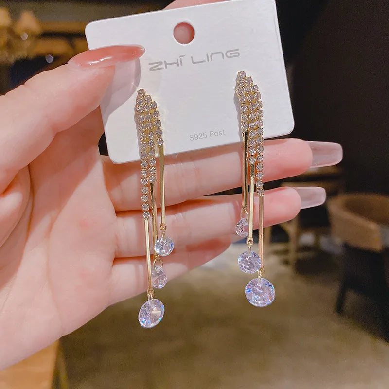 sengpan New Gold Color Simple Fashion Zircon Pendant Eardrop Design Long Tassels Delicate Earrings For Woman Wedding Jewelry Gifts