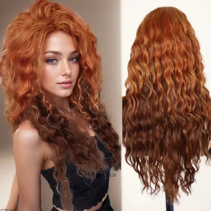 sengpan Synthetic Long Wave Cur Wigs Female Natural Brown Wig with Clip Free Part Side Bangs 80s Curly Wigs for Women Ombre Wig